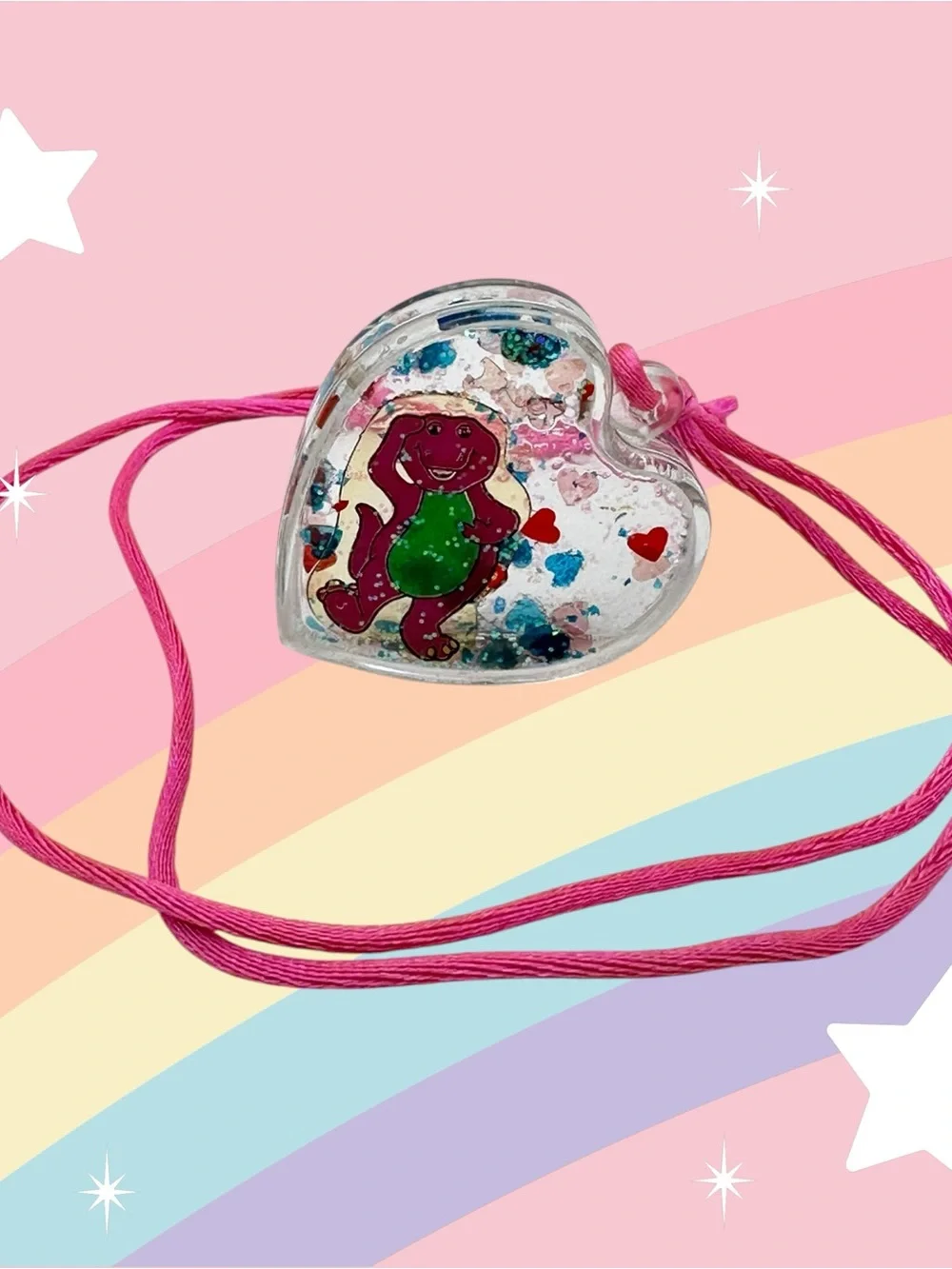 Millennial Kids Barney Dinosaur Glitter Heart Pendant Necklace Nostalgic Y2K PBS